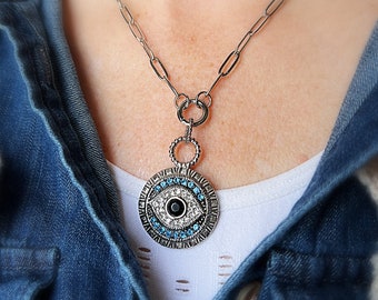Evil Eye Necklace, Large Statement Protection Pendant, Paperclip Chain, Womens Jewelry, Gift for Her