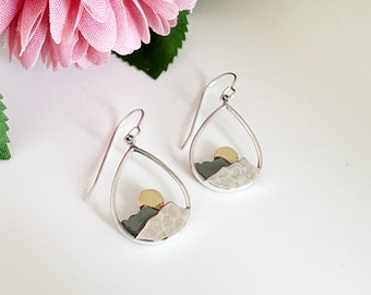 Sterling Silver Teardrop Mountain Earrings, wanderlust jewelry, Mountain Range with Gold Moon, Womens Gift, statement earrings Ready to Ship