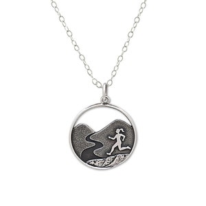 Mountain Trail Runner Necklace, Sterling Silver Pendant and Chain for outdoor enthusiast, cross country,  personalized gifts