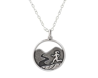 Mountain Trail Runner Necklace, Sterling Silver Pendant and Chain for outdoor enthusiast, cross country,  personalized gifts