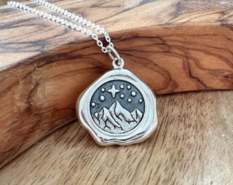 Wax Seal Style Mountain Necklace, Sterling Silver Necklaces for Women, Wanderlust Jewelry, Mothers Day Gifts, Mountain Theme, Camping Gift