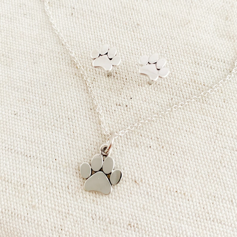 Paw Print Necklace and Earring Set, womens or girls sterling silver jewelry for dog mom or cat mom, gift set image 7