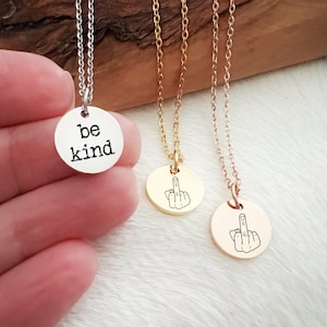 Double Sided Small Charm Necklace, Engraved be kind and middle finger, Funny Gifts for Dad, Rose Gold, Silver, be kind, Middle Finger, mood zdjęcie 1