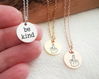 Double Sided Small Charm Necklace, Engraved be kind and middle finger, Funny Gifts for Dad, Rose Gold, Silver,  be kind, Middle Finger, mood