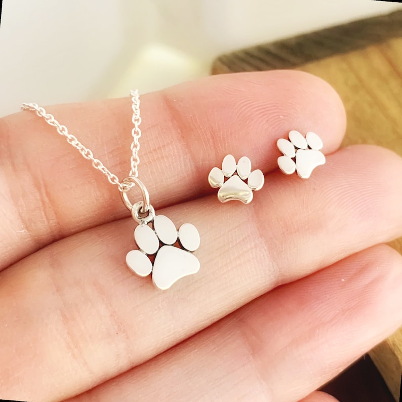 Paw Print Necklace and Earring Set, womens or girls sterling silver jewelry for dog mom or cat mom, gift set image 1