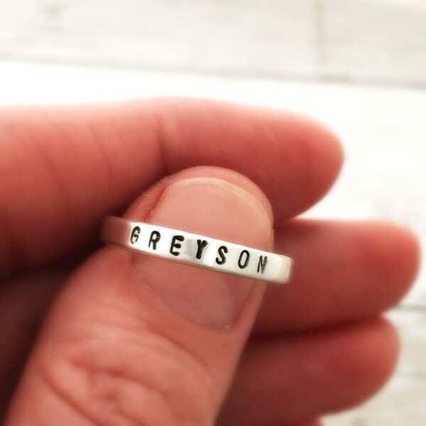 Personalized ring. Skinny stacking name ring, sterling silver hand stamped with name date word, skinny, custom, band, gift for mom, womens