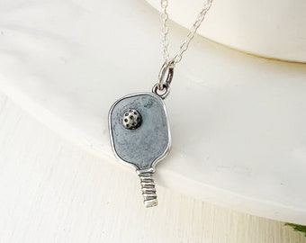 Pickleball Necklace, Oxidized Sterling Silver Jewelry Womens Gifts, Girls or Womens Pickleball Gifts, Pickleball Paddle and Ball Sport Charm