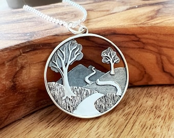 Winding Path with Trees and Hills Necklace, Sterling Silver Pendant Necklace, Womens Personalized Gift, Custom Mothers Day Gift, New Journey