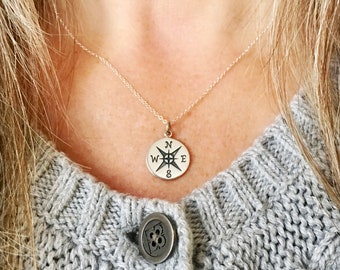 Large Compass Necklace for woman, sterling silver pendant, friendship necklace gift for daughter, best friend, Mothers Day Gift