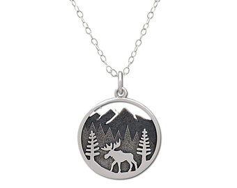 Sterling Silver Moose Necklace for Women, Outdoor Adventure, Wanderlust Jewelry, Gift for Her, Woods, Mountains, Trees, Forest
