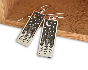 Sterling Silver Pine Tree Forest Earrings, Stars and Crescent Moon, Camping Gifts for Women, Travel Wanderlust, Recycled Sterling Silver