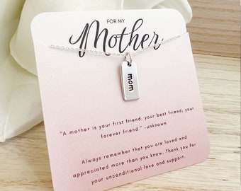 Dainty Mom Necklace, Sterling Silver Small Rectangle Tag Charm, Mothers Day Gift for New Mom, Birthday Gift for Her