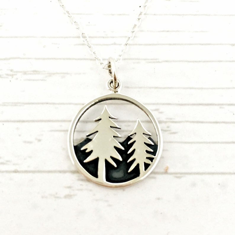 Sterling Silver Pine Tree necklace with Mountain Range | Etsy