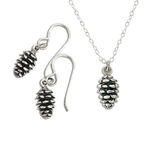 Pinecone Necklace, Earrings, Set. Womens Sterling Silver Woodland Jewelry, Gift for Hiker