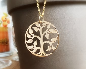 Large Gold Family Tree Necklace, Bronze Tree of Life Pendant on Gold Plated Stainless Steel Chain, Mother's Day Gift, Hypoallergenic