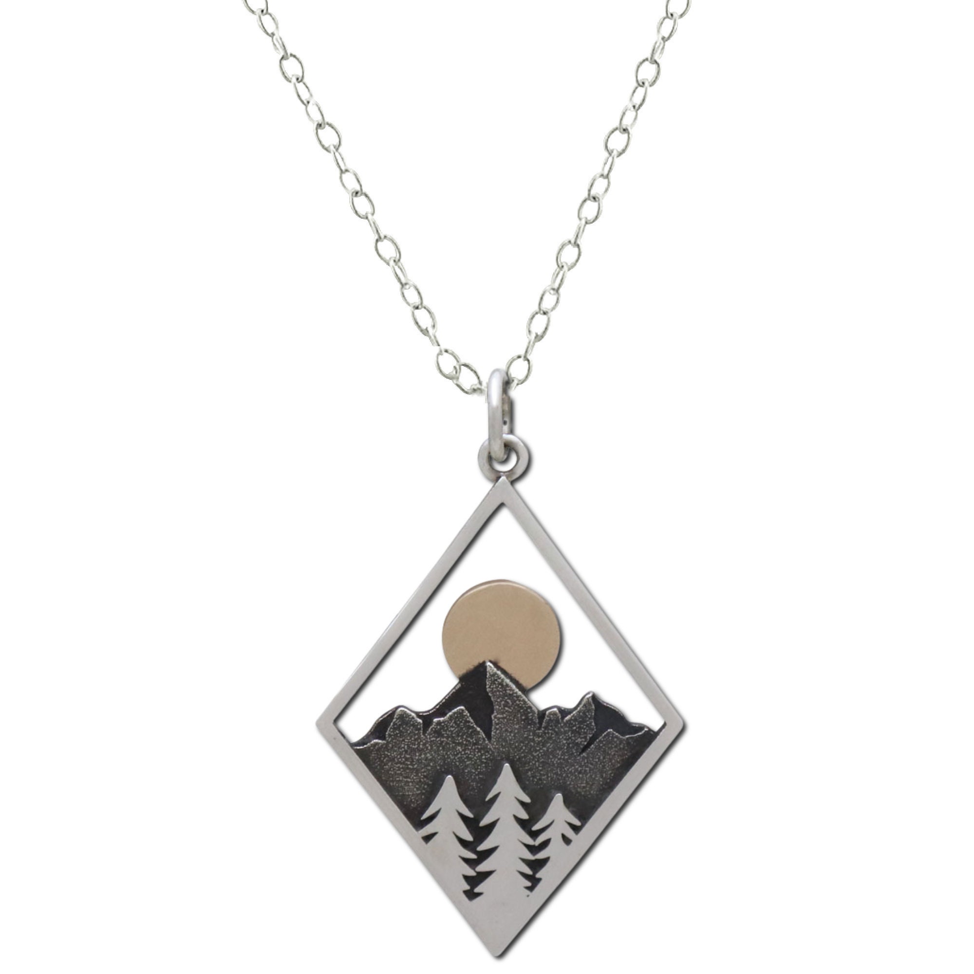 Mountain Necklace with Pine Trees and Sun in Diamond Frame, Sterling …