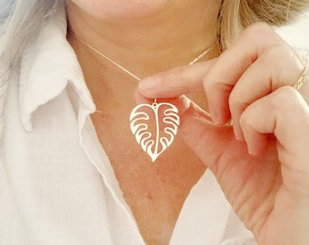 Monstera Necklace, Womens Sterling Silver Jewelry, Tropical Monstera Deliciosa,  Botanical Gift for Plant Lady, plant jewelry for women