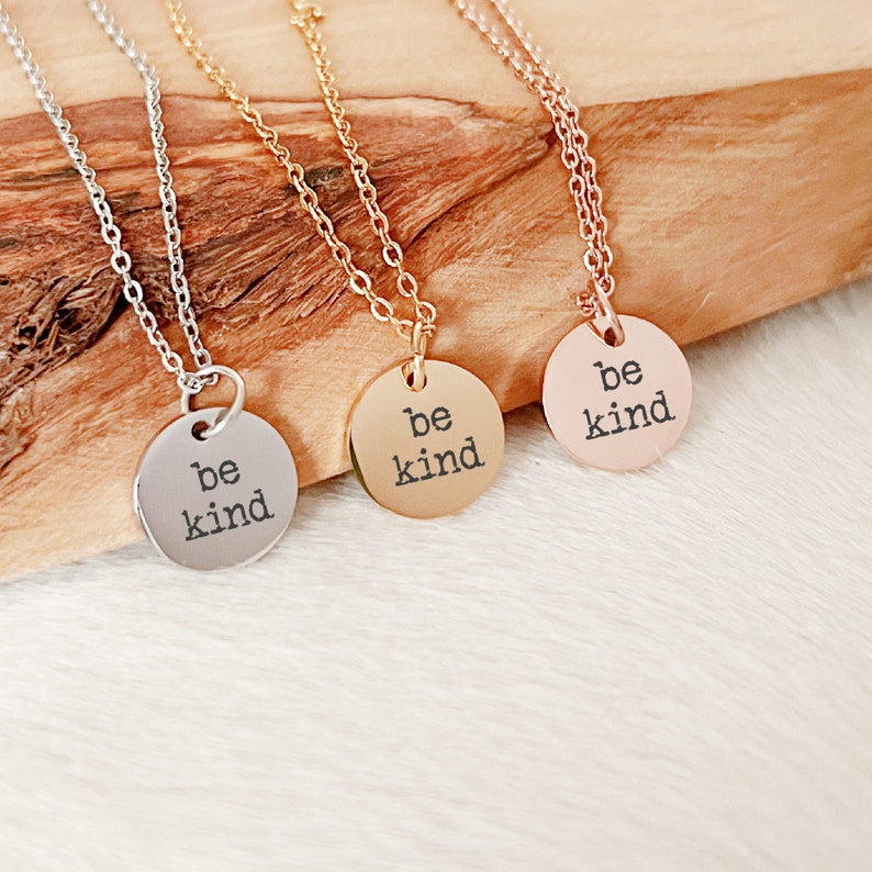 Double Sided Small Charm Necklace, Engraved be kind and middle finger, Funny Gifts for Dad, Rose Gold, Silver, be kind, Middle Finger, mood zdjęcie 2