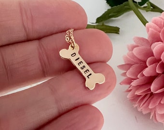 Bronze Dog Bone Necklace Personalized with Dog Name, Gift for Dog mom or Pet Loss, Gold Filled Chain