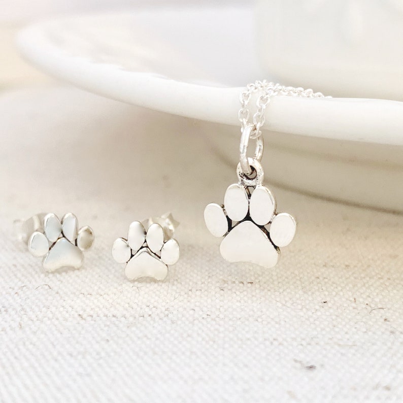 Paw Print Necklace and Earring Set, womens or girls sterling silver jewelry for dog mom or cat mom, gift set image 6