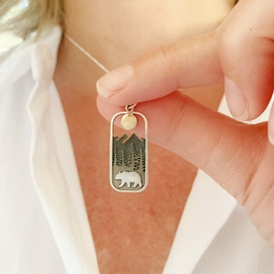 Bear Necklace in Rectangle Frame with Mountain Range Pine Trees and Sun, Gift for her, Jewelry for Woman, Nature Scene, Hiking