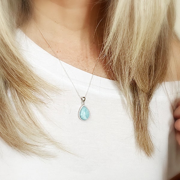 Larimar Necklace, Pear Shape Pendant, Womens Sterling Silver Necklace, Milky Blue Mothers Day Gifts, Birthday Present for Wife