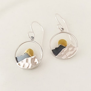 Sterling Silver Mountain Earrings: Bronze Sun, Nature Inspired Jewelry