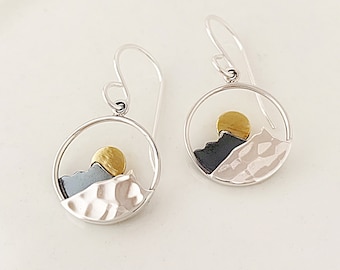Sterling Silver Mountain Earrings: Bronze Sun, Nature Inspired Jewelry