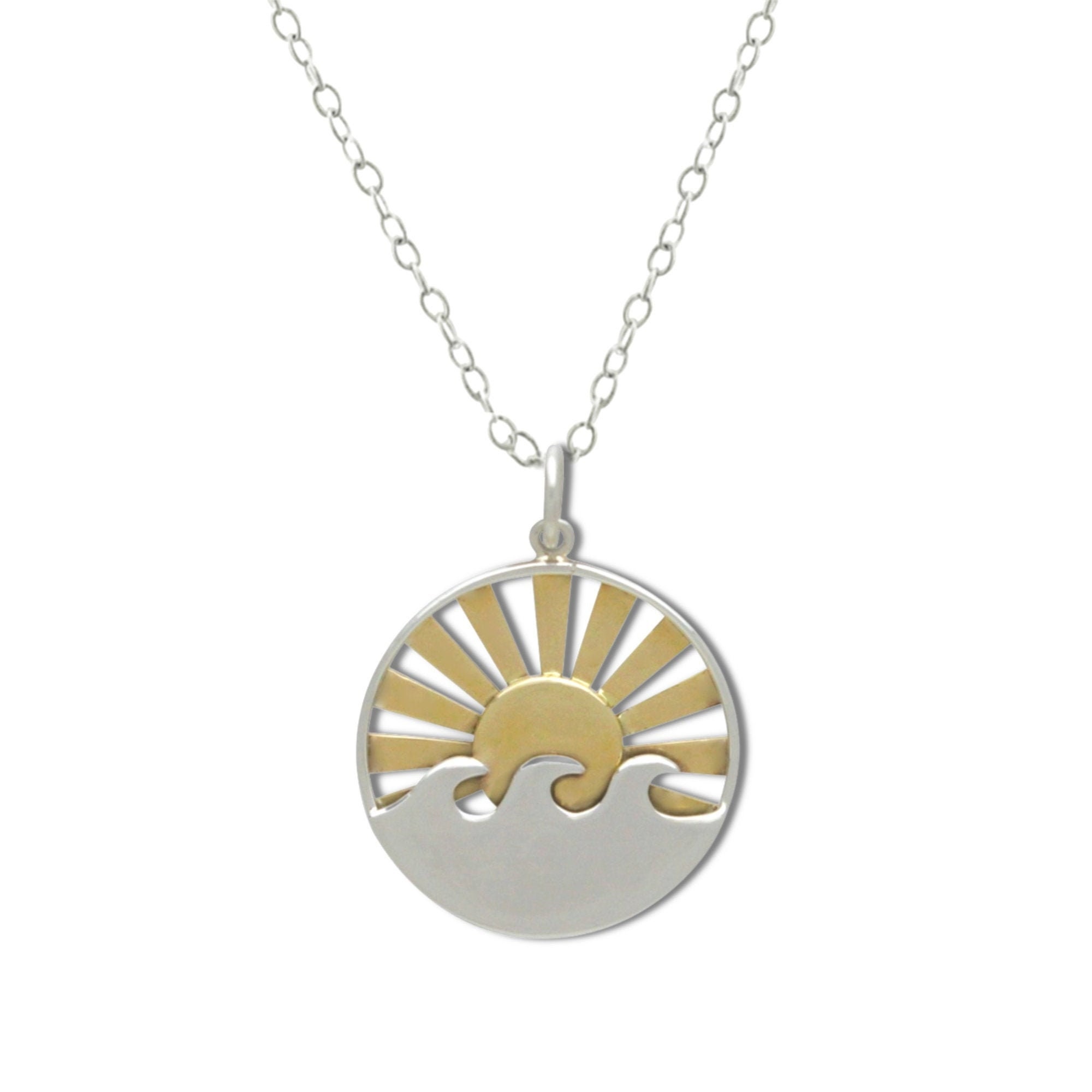 Sun and Wave necklace, sterling silver waves with bronze sun rays, su…