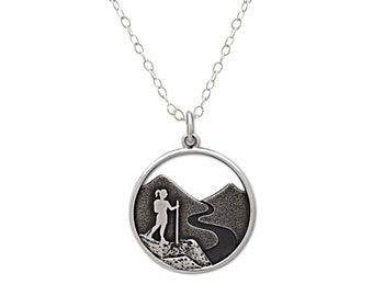 Mountain Trail Hiker Necklace, sterling silver round pendant, outdoor enthusiast, cross country hiking necklace, personalized gifts