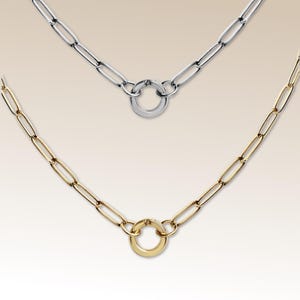 Stainless Steel Paperclip Chain with Circle Charm Holder Necklace, Lobster Clasp, Waterproof 18k Gold Coated, Silver, add charms, extender