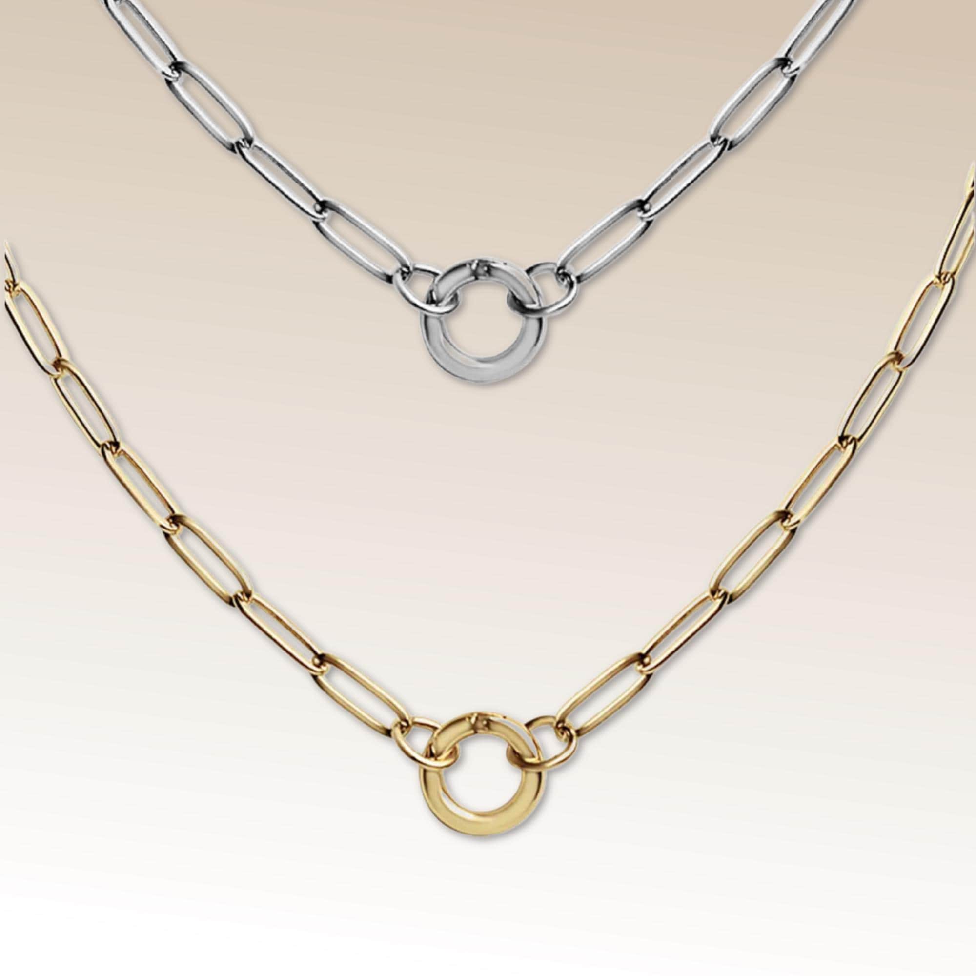 Stainless Steel Paperclip Chain with Circle Charm Holder Necklace, Lobster Clasp, Waterproof 18k Gold Coated, Silver, add charms, extender
