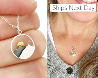 Mountain Necklace, Ready to Ship Sterling Silver Necklace for Woman, Wanderlust Jewelry, Mountain Range with Sun or Moon, Mothers Day Gift