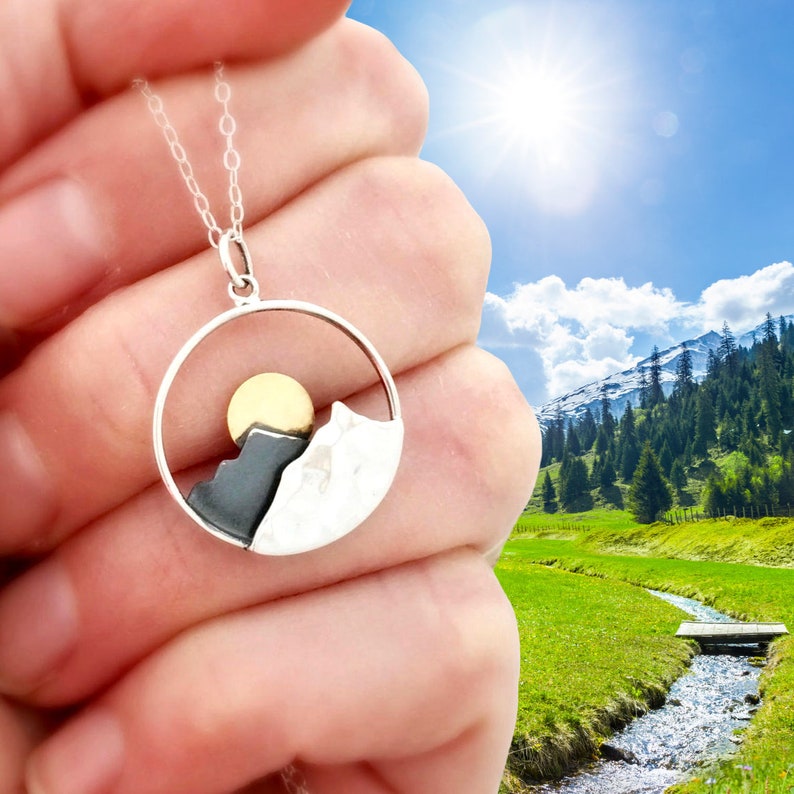 Large Mountain Necklace, The Mountains are Calling and I Must Go, Sterling Silver Jewelry, Sun Necklaces for women, Mothers Day 