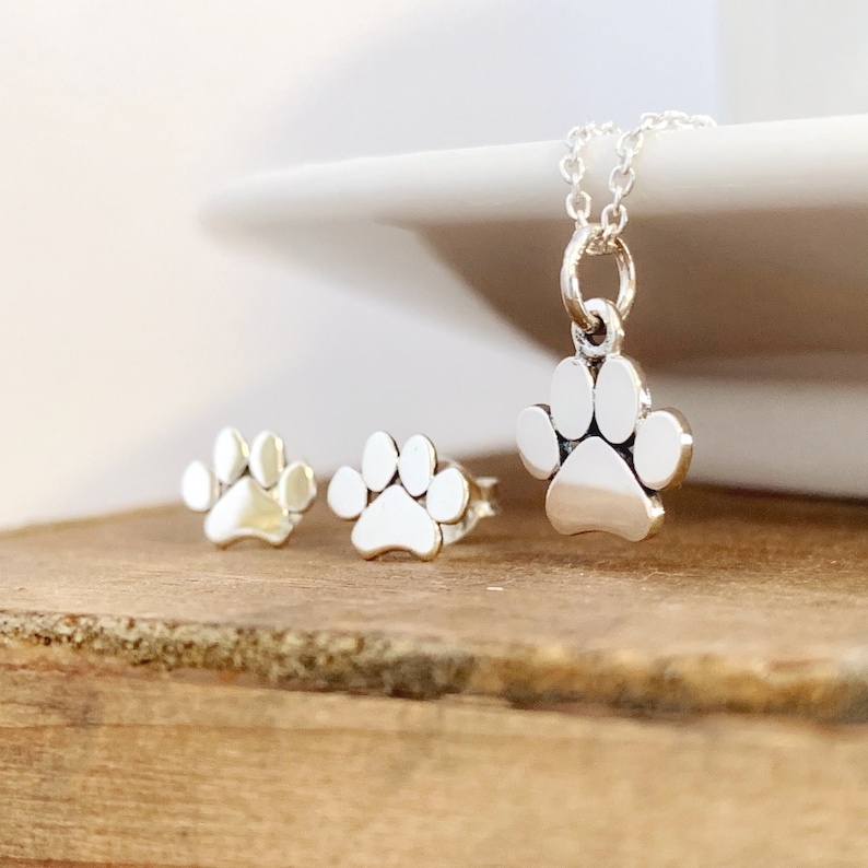 Paw Print Necklace and Earring Set, womens or girls sterling silver jewelry for dog mom or cat mom, gift set image 4