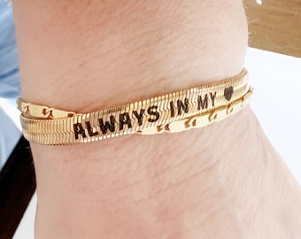 Always In My Heart, Engraved 18k Gold Coated Stainless Steel Wide Herringbone Bracelet or Necklace, Modern Design, Everyday Jewelry