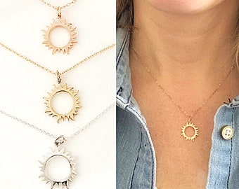 Sun Necklace, womens eclipse jewelry, yellow gold, sterling silver,  dainty charm celestial, great for layering, Sun Lover Mothers Day Gift