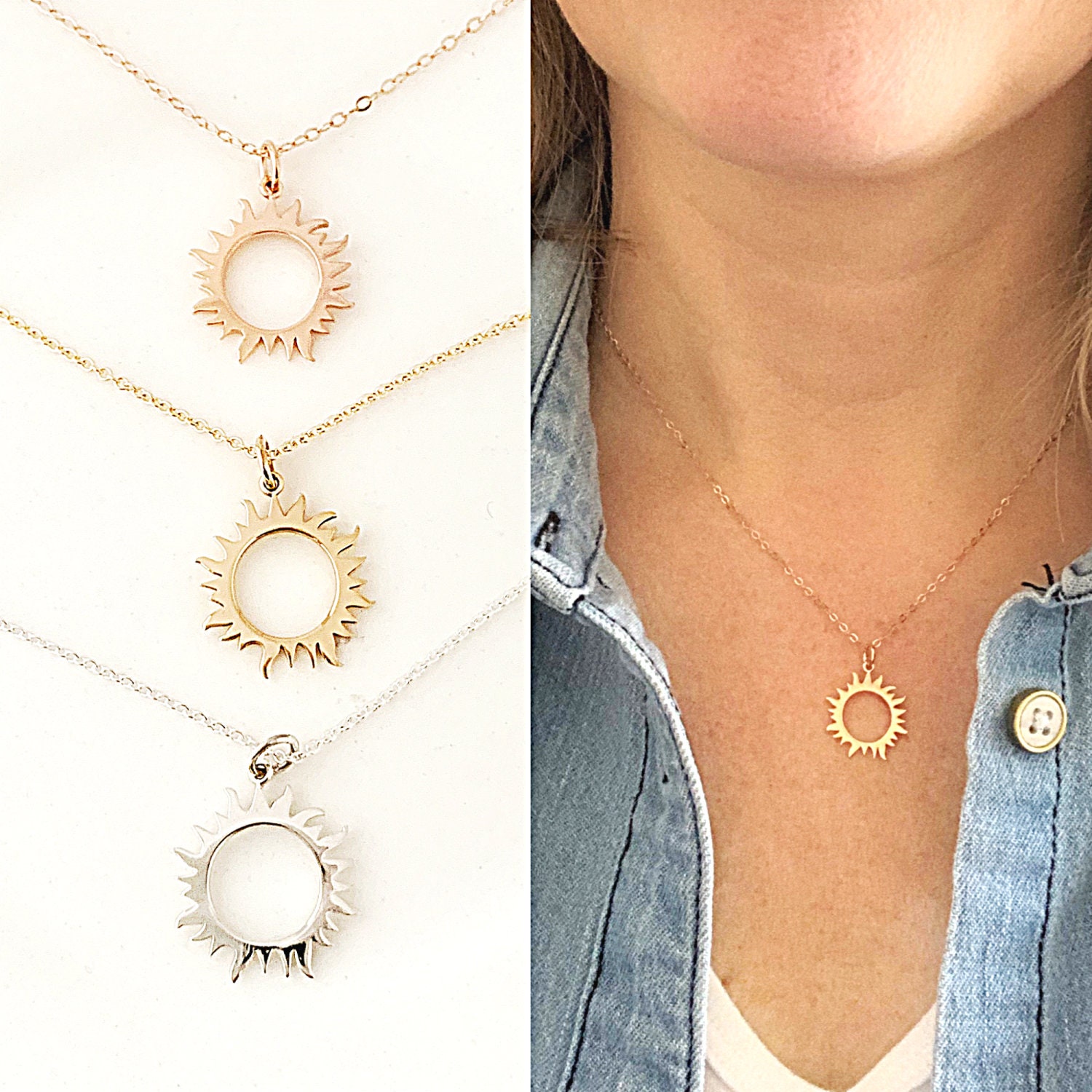 Sun Necklace, womens eclipse jewelry, yellow gold, rose gold pink, st…