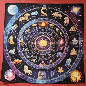Puede incluir: Un tapiz cuadrado negro con un detallado gráfico astrológico que presenta símbolos del zodíaco, planetas y un sol central. La obra de arte incluye elementos celestiales y un fondo estrellado, con un borde rojo.