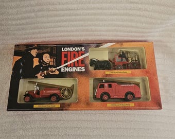 Lledo London Fire Engines Boxed Set  Vintage Die-Cast Collection  1934 Dennis Pump Escape, 1900 Shand Mason Pump  1955 Dennis F8 Major Pump