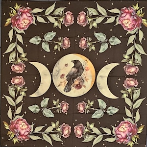 Nappe d'autel phases de lune et corbeau - nappe d'autel - tenture murale de dortoir - nappe de sanctuaire - nappe de tarot - grande nappe d'autel - cadeau en tissu spirituel