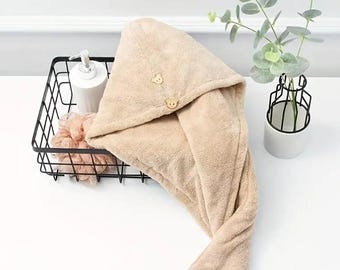 Drying Hair Towel - Dry Hair Hat Towel - Turban with Button Quick Drying Lady Bath Head Wrap - spa head towel - gift for her - hair therapy