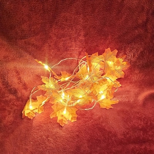 Może przedstawiać: Szereg lampek LED przeplatanych pomarańczowymi i żółtymi dekoracjami z liści klonu. Liście ułożone są na czerwonym tle, tworząc ciepłą, jesienną estetykę. Światła są małe i jasne.