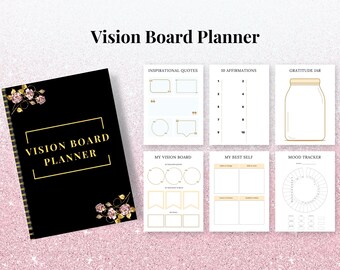 May include: A black vision board planner with gold accents and floral designs. The planner includes sections for inspirational quotes, affirmations, a gratitude jar, a vision board, a self-reflection section, and a mood tracker.
