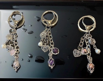 Gemstone Purse Charm Keychain: Silver Flower Heart, Rose Quartz Amethyst Rhodonite
