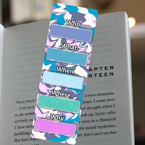 May include: A colorful bookmark with a camouflage pattern in shades of blue, purple, and white. The bookmark has five rectangular sections labeled "Who," "What," "When," "Where," and "Why."