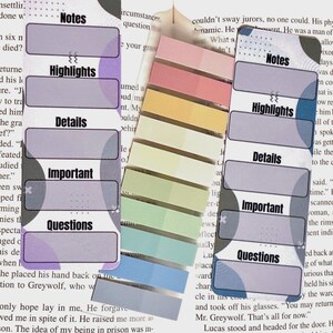 May include: A set of colorful sticky note tabs and bookmark-style page markers. The tabs are in various pastel shades, and the markers have labels like "Notes," "Highlights," and "Details."