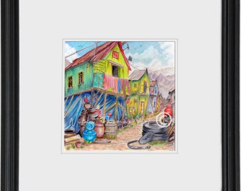 Shabby Shack, 5x5" verlaten sloppenwijk geïnspireerde originele kunstwerken