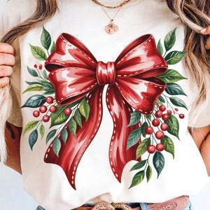 Retro Coquette Bow Christmas Comfort Colors Shirt Trendy Christmas Shirt Vintage Christmas Red Elegant Floral Bow Shirt Festive Holiday Tee
