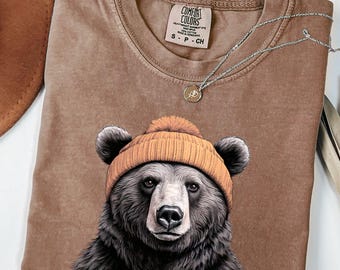 Comfort Colors  Grizzly Bear Wearing Beanie Shirt Wildlife Gift